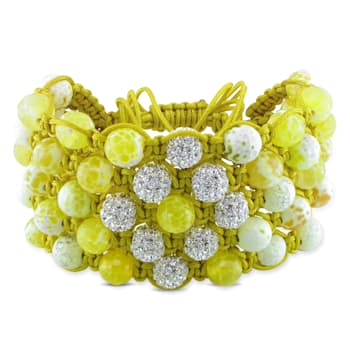 Shambhala Cuff Bracelet on Yellow Cotton Cord with Yellow Agate and
White Cubic Zirconia Beads
