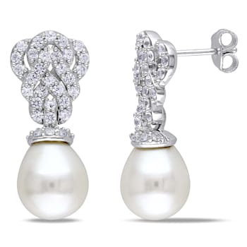 9-9.5MM Freshwater Cultured Pearl With Created Sapphire Drop Earrings in
Sterling Silver