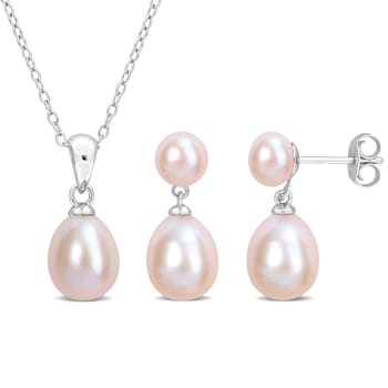 5.5-8.5MM Pink Freshwater Cultured Pearl Earrings & Pendant Set in
Sterling Silver