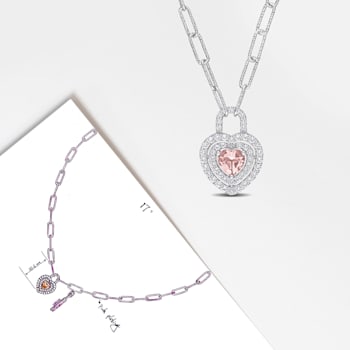 1 3/8 CT TGW Morganite and Created White Sapphire Double Halo Heart Lock
Necklace in Sterling Silver