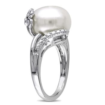 12-12.5MM Freshwater Cultured Pearl Ring with Diamonds in Sterling Silver