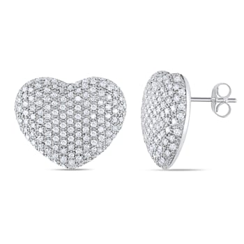 1 1/2 CT TW Pave Diamond Heart Stud Earrings in 14k White Gold