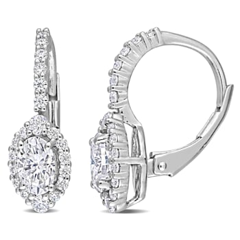 1 1/2 CT DEW Created Moissanite Oval Halo Leverback Earrings in Sterling Silver
