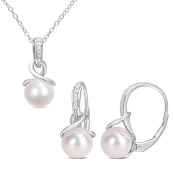 8-8.5MM Freshwater Cultured Pearl and 1/10 CT TW Diamond Pendant &
Earrings Set in Sterling Silver