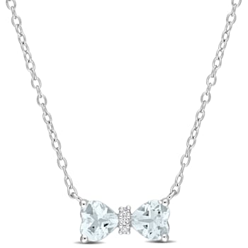 3/4 CT TGW Heart Aquamarine and Diamond Accent Bow Necklace in Sterling Silver