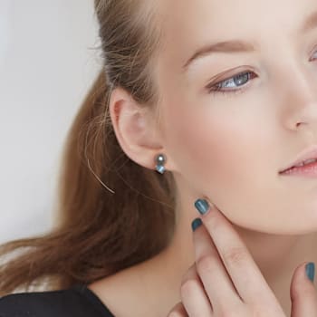 8-9MM Black Tahitian Cultured Pearl and 1 CT TGW Swiss Blue Topaz Stud
Earrings in Sterling Silver