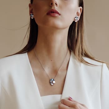 6-8.5MM Freshwater Cultured Pearl & Multi-gems Earrings and Pendant
with Chain in Sterling Silver