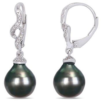 9-10 MM Black Tahitian Cultured Pearl and Diamond Accent Twist Drop
Earrings in Sterling Silver