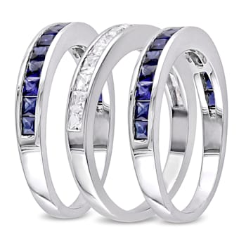 3-Pcs Set of 2 1/4 CT TGW Created Blue and White Sapphire Anniversary
Band in Sterling Silver