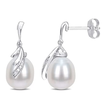 8-8.5 MM Freshwater Cultured Pearl and Diamond Accent Feather Stud
Earrings in Sterling Silver