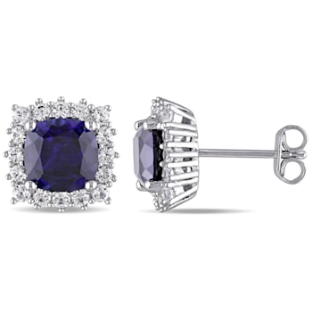 4-7/8ctw Created Blue and White Sapphire Stud Earrings in Sterling Silver