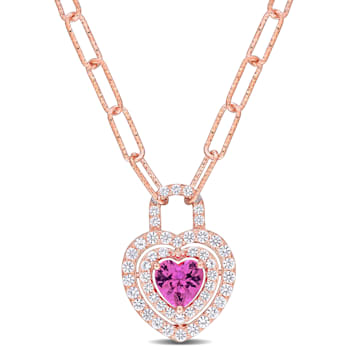 1 3/4 CT TGW Created Pink and White Sapphire Double Halo Necklace in
Rose Plated Sterling Silver