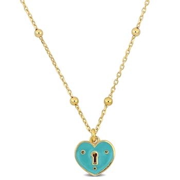Turquoise Enamel Heart Necklace in 14K Yellow Gold Over Sterling Silver