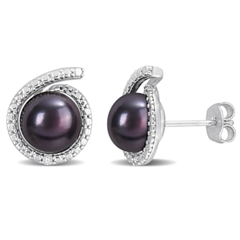 8-8.5MM Black Freshwater Cultured Pearl and Diamond Accent Swirl Stud
Earrings in Sterling Silver