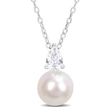 8.5-9MM Freshwater Cultured Pearl and 5/8 CT TGW Created Sapphire
Pendant in Sterling Silver