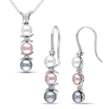 4.5-5.5MM Multi-color Freshwater Cultured Pearl & Diamond Earrings
& Pendant Set in Sterling Silver