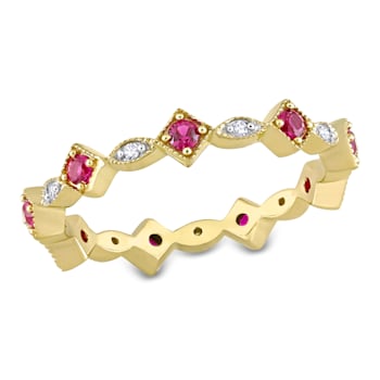3/8 CT TGW Created Ruby and Diamond Accent Eternity Ring in 10K Yellow Gold