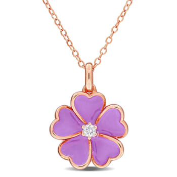 1/10 CT TGW White Topaz with Purple Enamel Flower Pendant with Chain in
Rose Plated Sterling Silver