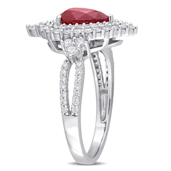 1 1/3 CT TGW Ruby and 3/4 CT TW Diamond Double Halo Ring in 14K White Gold