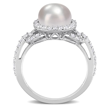 8.5-9MM Freshwater Cultured Pearl and 3/4 CT TGW White Topaz Halo Ring
in Sterling Silver