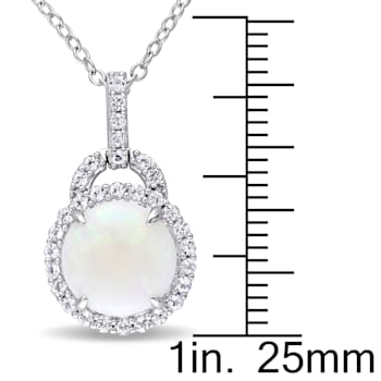 2 1/6 CT TGW Opal and White Topaz Halo Pendant With Chain in Sterling Silver