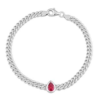 1 1/7 CT TGW Created Ruby Curb Link Chain Bracelet in Sterling Silver
