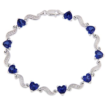 8 1/5 CT TGW Created Blue Sapphire and Diamond Accent Heart Link Tennis
Bracelet in Sterling Silver