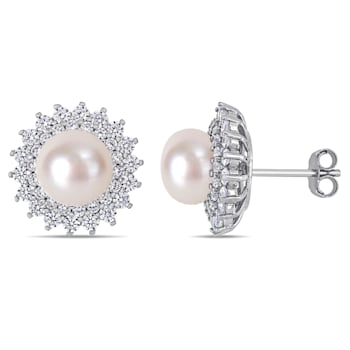 8.5-9MM Cultured Pearl and 1 5/8 ctw Cubic Zirconia Floral Halo Earrings
in Sterling Silver
