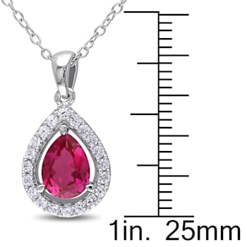 2 1/5 CT TGW  Created Ruby and White Sapphire Teardrop Halo Pendant with
Chain in Sterling Silver