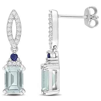 2 CT TGW Aquamarine, Blue Sapphire and 1/4 CT TDW Diamond Earrings in
Sterling Silver