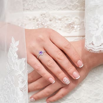 5/8 CT TGW Amethyst and 1/10 CT TW Diamond Halo Ring in Sterling Silver