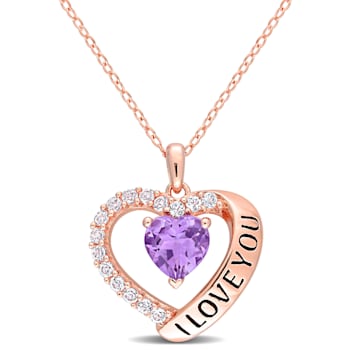 1 5/8 CTW Amethyst and White Topaz Heart 'I Love You' Rose Plated
Sterling Silver Pendant with Chain