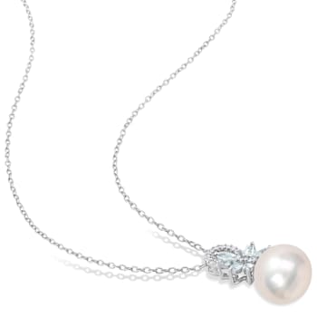 11-12MM Freshwater Cultured Pearl and 5/8 CT TGW Aquamarine and Diamond
Pendant in Sterling Silver