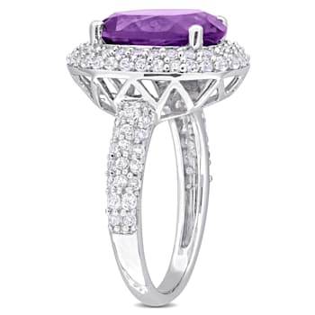 5 1/3 CT TGW Amethyst and White Topaz Double Halo Ring in Sterling Silver