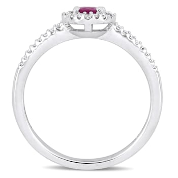5/8 CT TGW Ruby and 1/8 CT TW Diamond Halo Engagement Ring in 10K White Gold