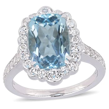 5 7/8 CT TGW Sky Blue and White Topaz Halo Cocktail Ring in Sterling Silver