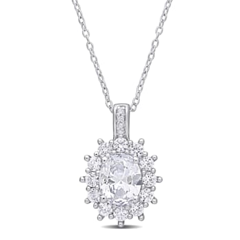 4 CT TGW Created White Sapphire and Diamond Accent Floral Halo Pendant
with Chain in Sterling Silver