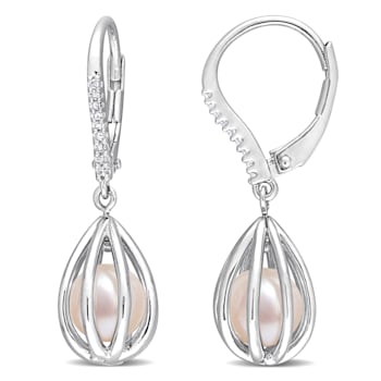 7-7.5 MM Freshwater Cultured Pearl and Diamond Accent Earrings in
Sterling Silver