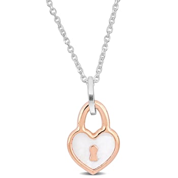White Enamel Pink Heart Lock Charm Pendant with Chain in Sterling Silver