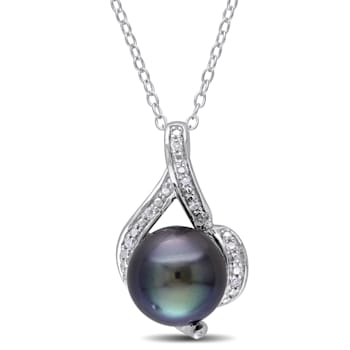 9-9.5MM Black Tahitian Cultured Pearl and Diamond Pendant with Chain in
Sterling Silver