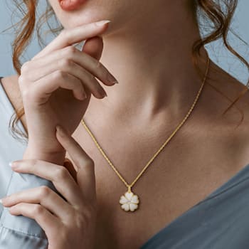 1/10 CT TGW White Topaz with White Enamel Flower Pendant with Chain in
Yellow Plated Sterling Silver