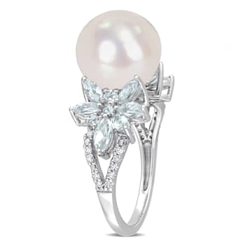 11-12MM Freshwater Cultured Pearl, 1 1/5 CT TGW Aquamarine & Diamond
Ring in Sterling Silver
