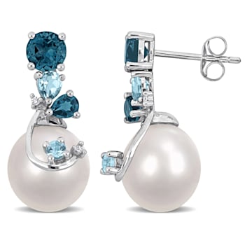 9-10MM Cultured Pearl, London & Sky Blue Topaz with Diamond Accent
Earrings in Sterling Silver