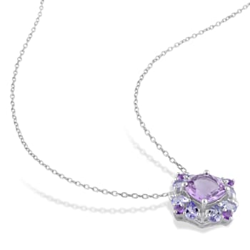 3 CT TGW Amethyst and Tanzanite Quatrefoil Floral Pendant with Chain in
Sterling Silver