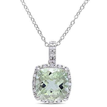 4 CT TGW Green Quartz and 1/10 CT TW Diamond Halo Pendant with Chain in
Sterling Silver