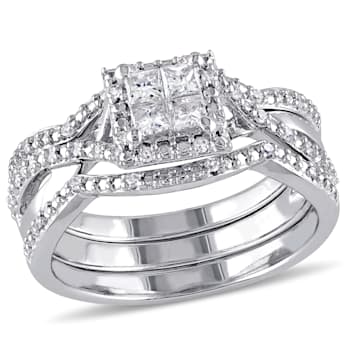 1/2 CT TW Princess Cut Halo Diamond Bridal Set in Sterling Silver