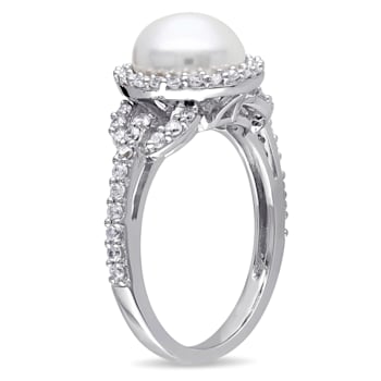 8.5-9MM Freshwater Cultured Pearl and Cubic Zirconia Halo Ring in
Sterling Silver