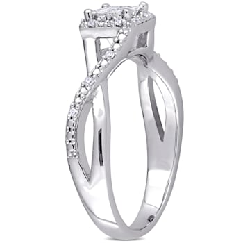1/4 CT TW Princess Cut and Round Diamond Halo Crisscross Engagement Ring
in Sterling Silver