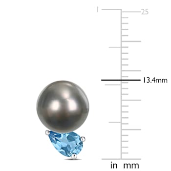 8-9MM Black Tahitian Cultured Pearl and 1 CT TGW Swiss Blue Topaz Stud
Earrings in Sterling Silver
