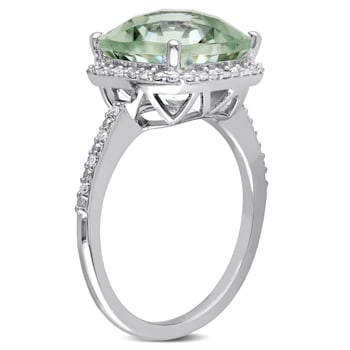 4 CT TGW Green Quartz and 1/10 CT TW Diamond Halo Ring in Sterling Silver